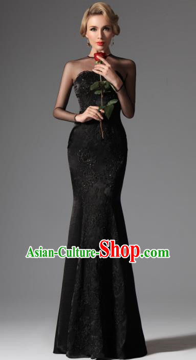 Top Grade Catwalks Black Lace Evening Dress Compere Modern Fancywork Costume for Women