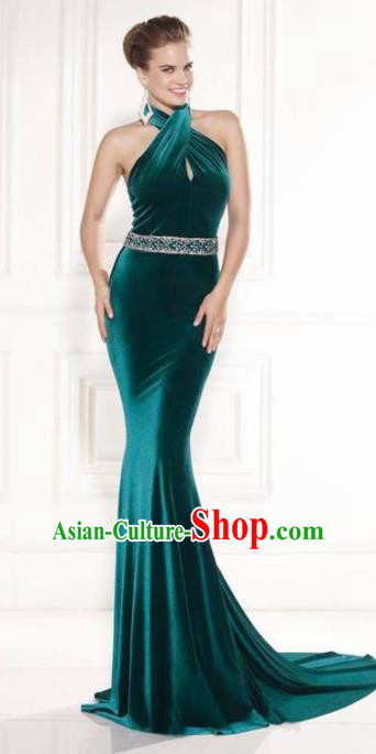 Top Grade Catwalks Green Velvet Evening Dress Compere Modern Fancywork Costume for Women