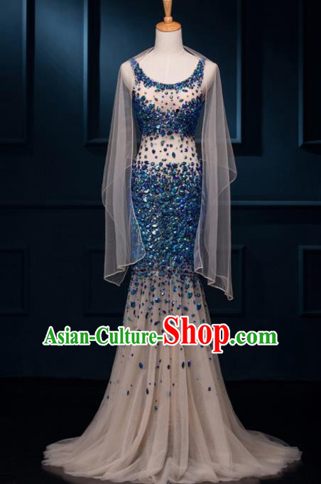 Top Grade Catwalks Blue Paillette Veil Evening Dress Compere Modern Fancywork Costume for Women