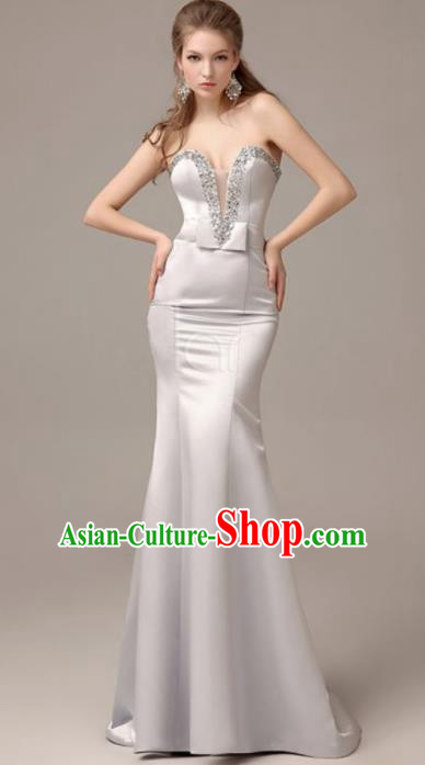 Professional Beige Satin Trailing Wedding Dress Princess Full Dress Modern Dance Costume for Women