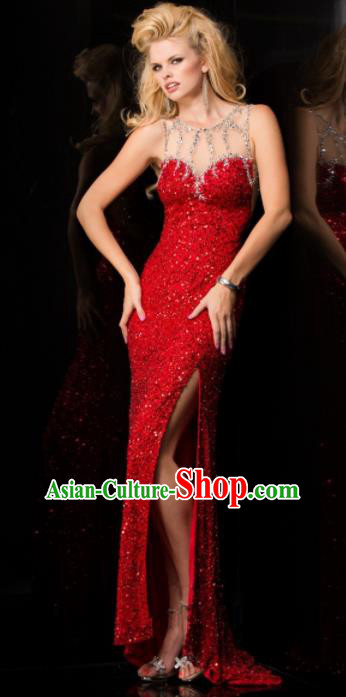 Top Grade Catwalks Red Paillette Sexy Evening Dress Compere Modern Fancywork Costume for Women