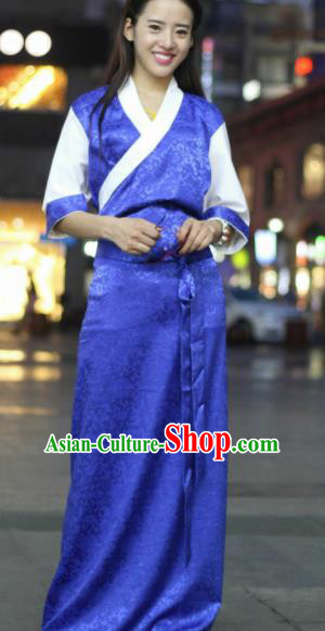 Chinese Traditional Tibetan Ethnic Royalblue Dress Zang Nationality Heishui Dance Costume for Women
