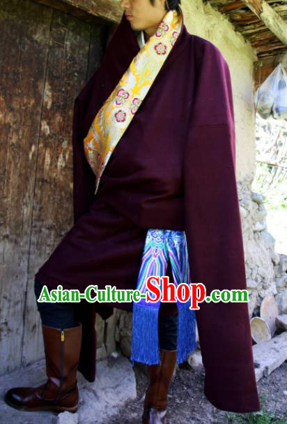 Chinese Traditional National Wine Red Tibetan Robe Zang Nationality Ethnic Folk Dance Costume for Men