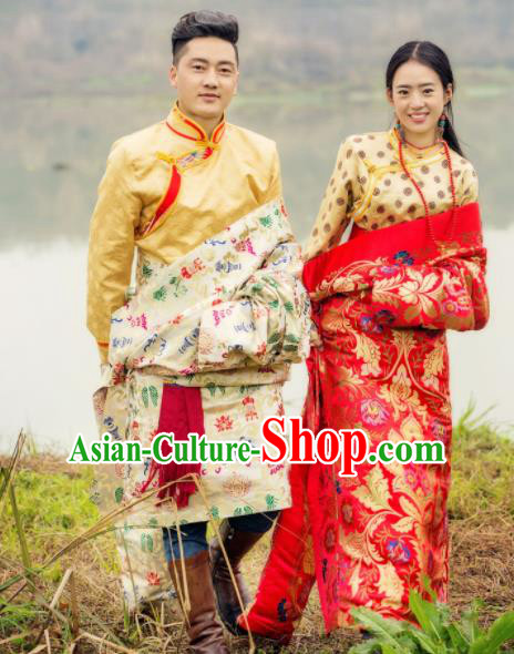 Chinese Traditional Tibetan Wedding Brocade Robes Zang Nationality Bride and Bridegroom Ethnic Costumes for Women for Men