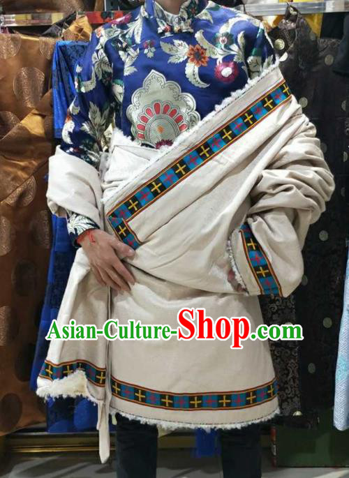 Chinese Traditional National White Tibetan Robe Zang Nationality Ethnic Folk Dance Costume for Men
