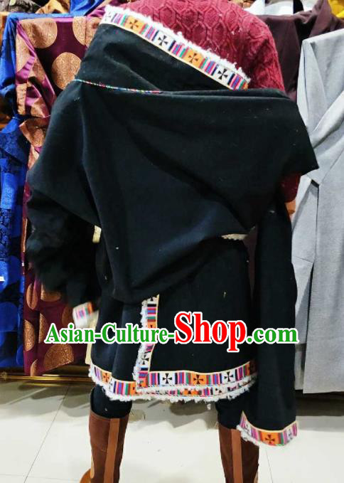 Chinese Traditional National Black Tibetan Robe Zang Nationality Ethnic Folk Dance Costume for Men