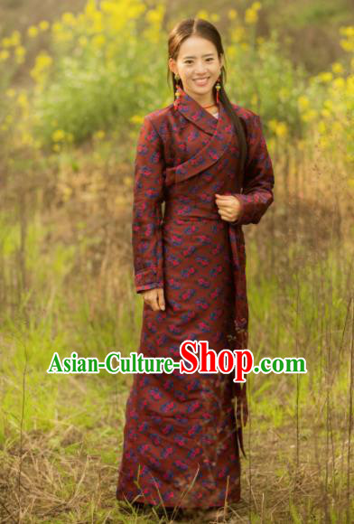 Chinese Traditional Tibetan Ethnic Female Printing Wine Red Dress Zang Nationality Heishui Dance Costume for Women
