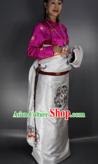Chinese Traditional Tibetan National Ethnic Embroidered White Robe Zang Nationality Wedding Costume for Women