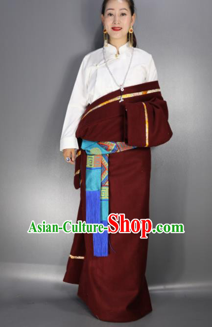 Chinese Traditional National Ethnic Wine Red Tibetan Robe Zang Nationality Folk Dance Costume for Women