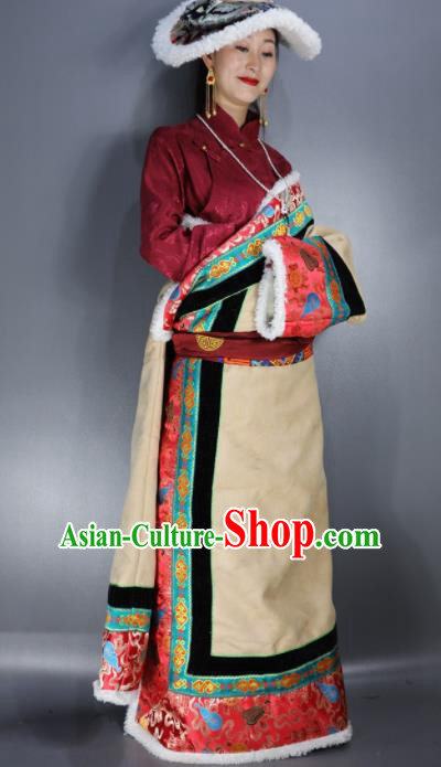 Chinese Traditional National Ethnic Wedding Tibetan Robe Zang Nationality Folk Dance Costume for Women