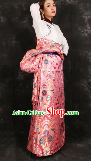 Chinese Traditional Tibetan Ethnic Bride Pink Brocade Robe Zang Nationality Heishui Dance Costume for Women