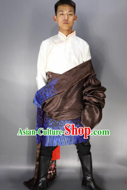 Chinese Traditional National Ethnic Brown Tibetan Robe Zang Nationality Folk Dance Costumes for Men