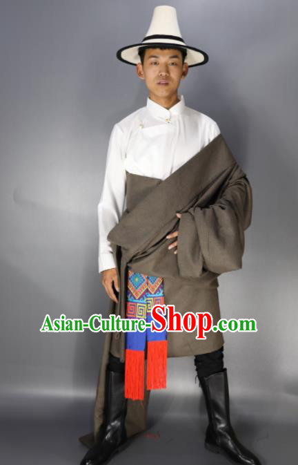 Traditional Chinese National Ethnic Grey Tibetan Robe Zang Nationality Folk Dance Costumes for Men