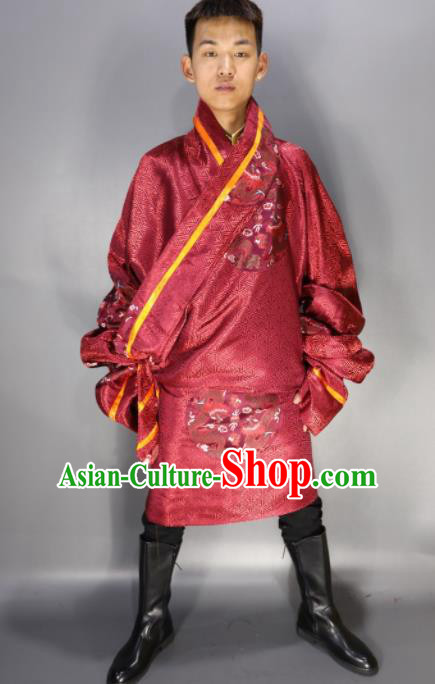 Traditional Chinese National Ethnic Embroidered Red Tibetan Robe Zang Nationality Folk Dance Costumes for Men