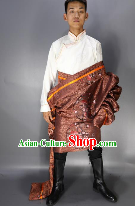 Traditional Chinese National Ethnic Embroidered Bronze Tibetan Robe Zang Nationality Folk Dance Costumes for Men