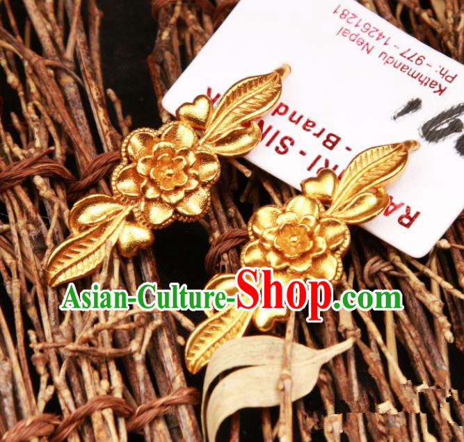 Chinese Traditional Ethnic Tibetan Ear Accessories Zang Nationality National Golden Flower Earrings for Women
