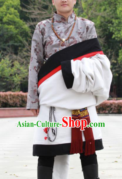Chinese Traditional Tibetan Male White Robes Zang Nationality Heishui Dance Ethnic Costumes for Men
