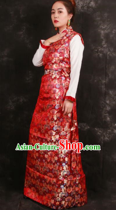 Chinese Traditional Tibetan Ethnic Bride Red Brocade Dress Zang Nationality Heishui Dance Costume for Women