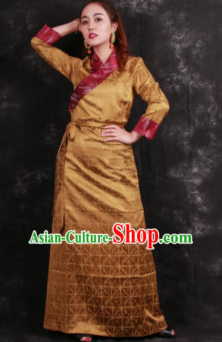 Chinese Traditional Tibetan Ethnic Golden Brocade Dress Zang Nationality Heishui Dance Costume for Women