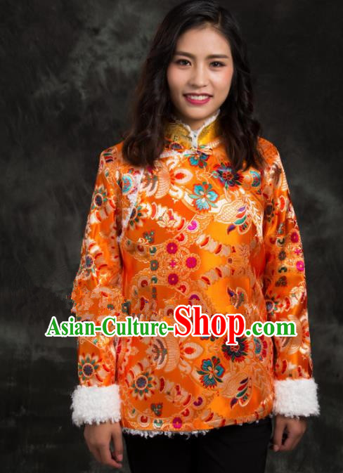 Chinese Traditional Ethnic Female Golden Brocade Tibetan Jacket Zang Nationality Heishui Dance Costume for Women