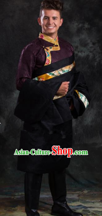 Chinese Traditional Black Tibetan Robe Zang Nationality Ethnic Folk Dance Costume for Men