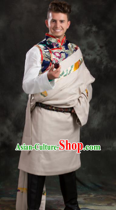 Chinese Traditional White Tibetan Robe Zang Nationality Ethnic Folk Dance Costume for Men