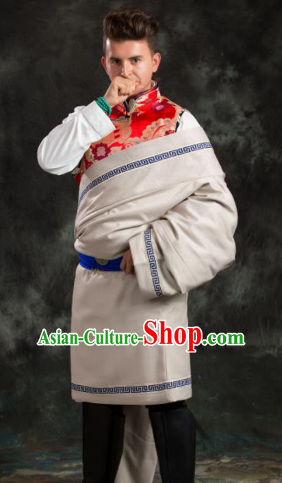 Chinese Traditional Beige Tibetan Robe Zang Nationality Ethnic Folk Dance Costume for Men