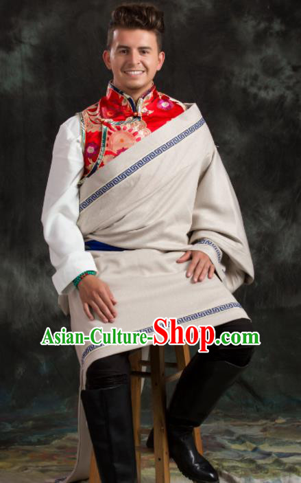 Chinese Traditional Beige Tibetan Robe Zang Nationality Ethnic Folk Dance Costume for Men