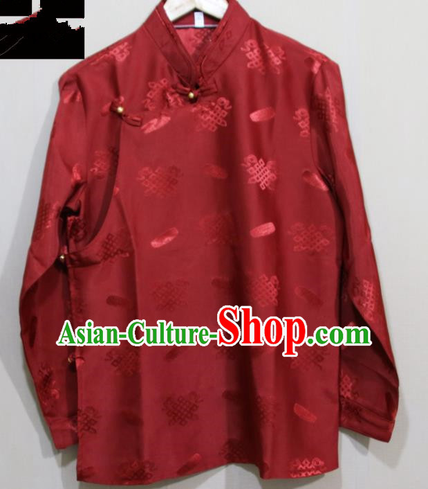 Chinese Traditional Tibetan Wine Red Shirt Zang Nationality Ethnic Folk Dance Costume for Men