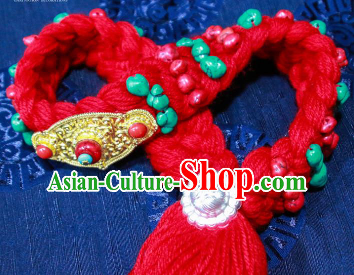 Chinese Traditional Ethnic Tibetan Hair Accessories Zang Nationality National Red Woolen Yarn Hair Clasp for Women