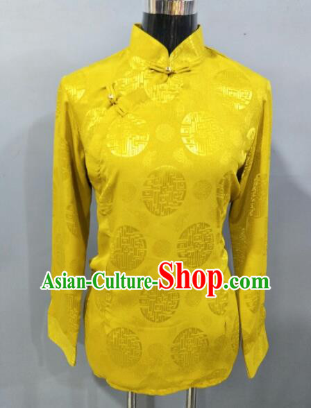 Traditional Chinese National Ethnic Tibetan Yellow Blouse Zang Nationality Folk Dance Costume for Women