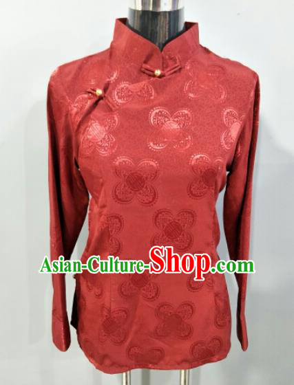 Traditional Chinese National Ethnic Tibetan Deep Red Blouse Zang Nationality Folk Dance Costume for Women