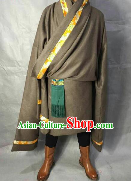 Traditional Chinese National Ethnic Tibetan Robe Zang Nationality Folk Dance Costumes for Men