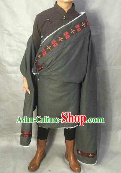 Traditional Chinese National Ethnic Deep Grey Tibetan Robe Zang Nationality Folk Dance Costumes for Men