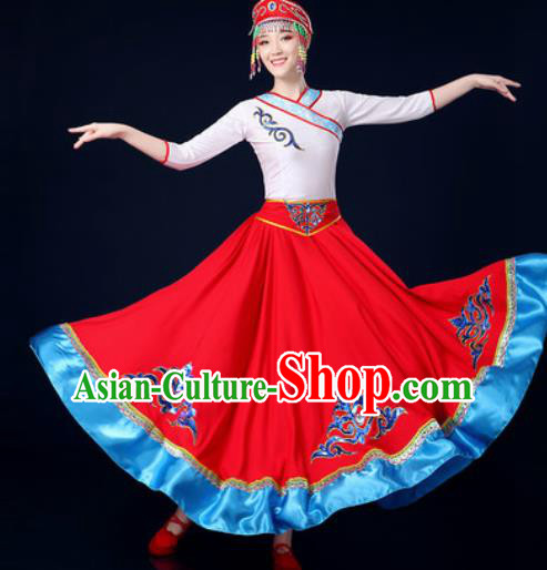 Traditional Chinese Ethnic Folk Dance Red Dress Mongolian Nationality Stage Performance Costume for Women