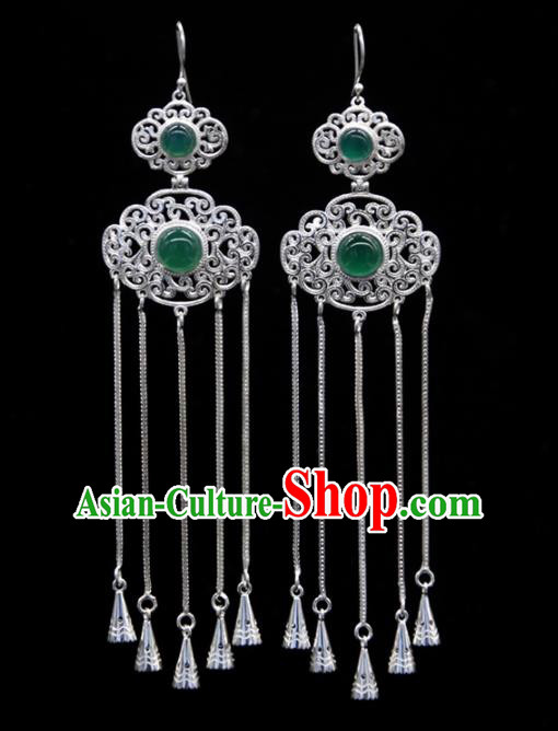 Chinese Traditional Ethnic Ear Accessories Handmade Mongol Nationality Green Agate Tassel Earrings for Women