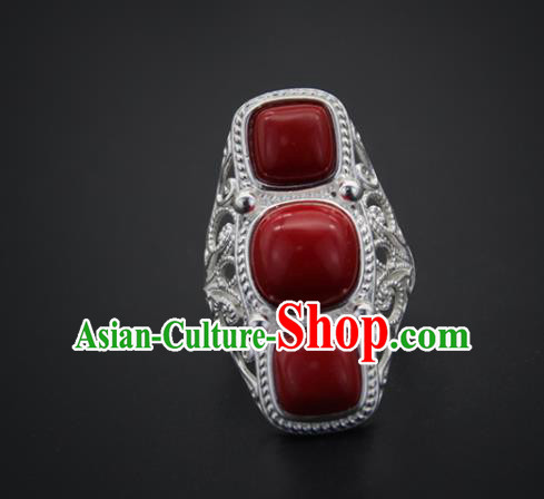 Chinese Traditional Mongolian Ethnic Rings Accessories Handmade Mongol Nationality Red Stone Finger Ring for Women