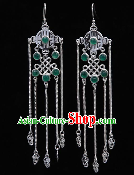 Chinese Traditional Mongolion Ethnic Green Agate Tassel Ear Accessories Mongol Nationality Handmade Earrings for Women