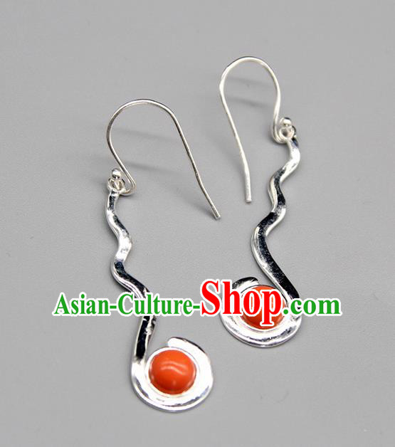 Chinese Traditional Mongolion Ethnic Coral Stone Sliver Ear Accessories Mongol Nationality Handmade Earrings for Women