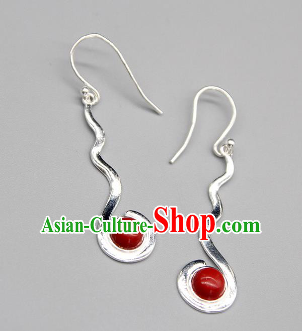 Chinese Traditional Mongolion Ethnic Red Stone Sliver Ear Accessories Mongol Nationality Handmade Earrings for Women