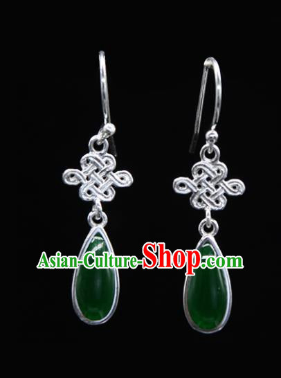 Chinese Traditional Mongolion Ethnic Chinese Knot Ear Accessories Mongol Nationality Green Agate Earrings for Women