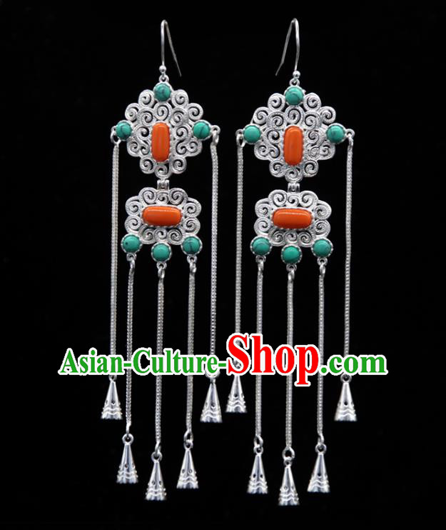 Chinese Traditional Ethnic Wedding Ear Accessories Mongol Nationality Handmade Coral Stone Tassel Earrings for Women