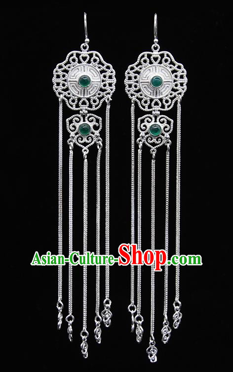 Chinese Traditional Mongolion Ethnic Green Agate Sliver Tassel Ear Accessories Mongol Nationality Earrings for Women