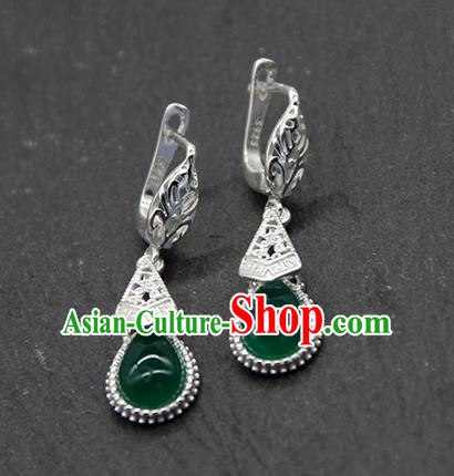 Chinese Traditional Ethnic Wedding Green Agate Ear Accessories Mongolion Nationality Earrings for Women