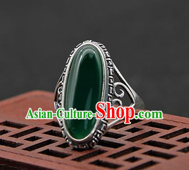 Chinese Traditional Ethnic Green Agate Rings Handmade Tibetan Nationality Sliver Finger Ring for Women
