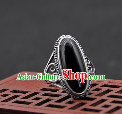 Chinese Traditional Ethnic Black Rings Handmade Tibetan Nationality Sliver Finger Ring for Women