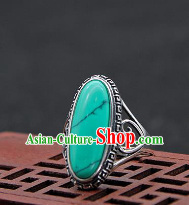 Chinese Traditional Ethnic Green Rings Handmade Tibetan Nationality Sliver Finger Ring for Women