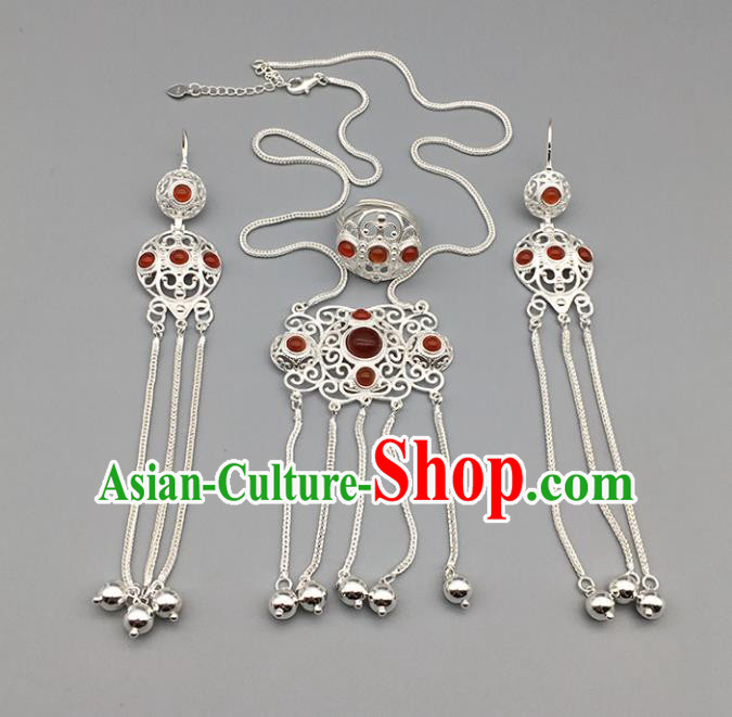 Chinese Traditional Mongolian Ethnic Sliver Accessories Mongol Nationality Agate Necklace and Earrings Ring for Women