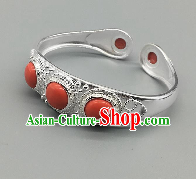 Chinese Traditional Ethnic Coral Stone Bracelet Handmade Mongolian Nationality Sliver Bangle for Women
