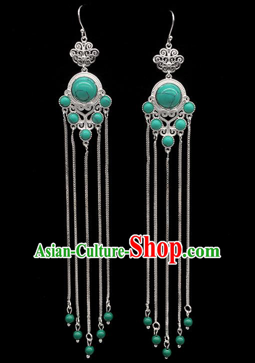 Chinese Traditional Mongolian Ethnic Sliver Accessories Mongol Nationality Green Earrings for Women